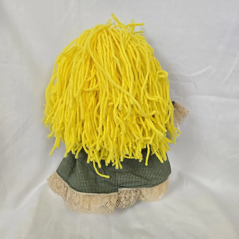 Vtg Inspired‎ Handmade Jointed Fabric Doll Green Gingham Dress Yellow Yarn Hair